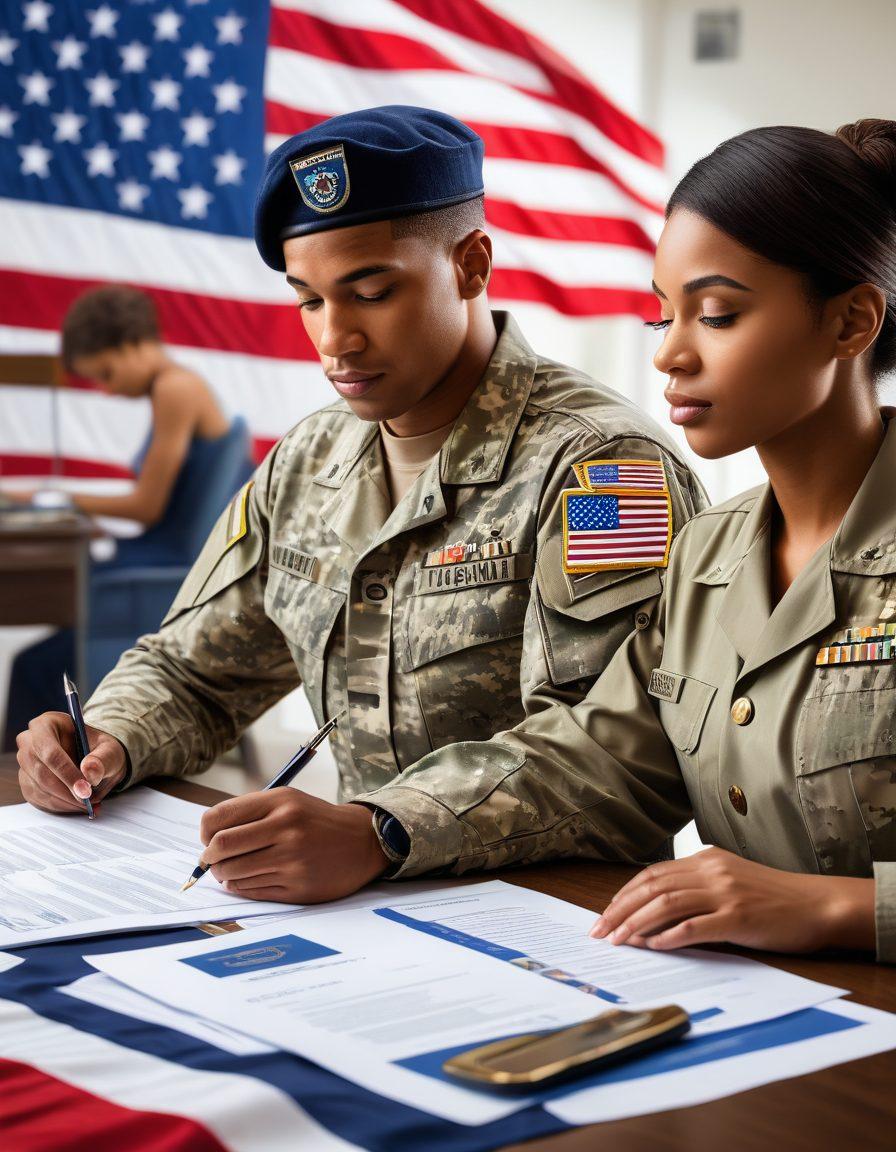 An informative visual representation showcasing different insurance plans for veterans and army personnel. Include illustrations of diverse military personnel reviewing insurance documents, with icons of protection, security, and benefits surrounding them. Use an engaging color palette that reflects trust and service, with a soft-focus American flag in the background to symbolize patriotism. super-realistic. vibrant colors. white background.