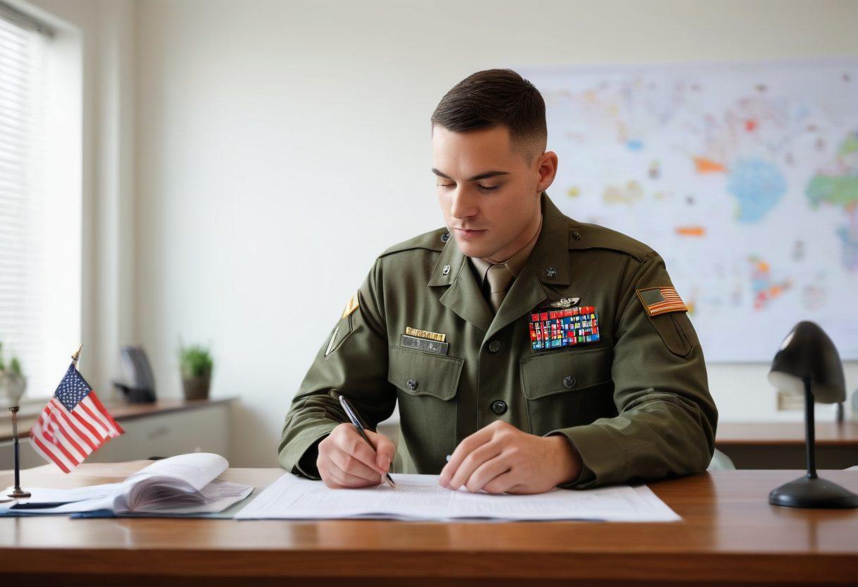 A soldier in uniform, thoughtfully examining a military insurance policy document, surrounded by visual representations of various coverage options like health, life, and vehicle insurance. In the background, a tranquil military base and a flag waving gently, symbolizing service and security. Soft, warm lighting to evoke a sense of trust and support. super-realistic. vibrant colors. white background.