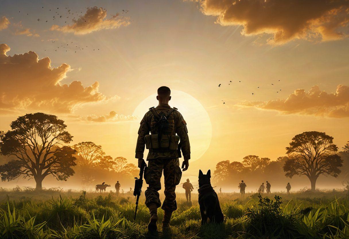 A soldier standing strong in a field, looking towards a bright future with a shield emblem featuring symbols of life, health, and disability insurance. In the background, a serene sunrise casts warm light over a family silhouette, reflecting hope and protection. Infographics illustrating essential insights float around, like guiding stars. super-realistic. vibrant colors. inspiring atmosphere.
